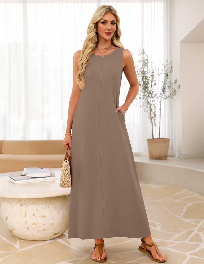 MEROKEETY Women's 2026 Summer Maxi Dress Sleeveless Crewneck Casual Loose Beach Vacation Basic Long Sundress,Mocha,Medium - Image 2