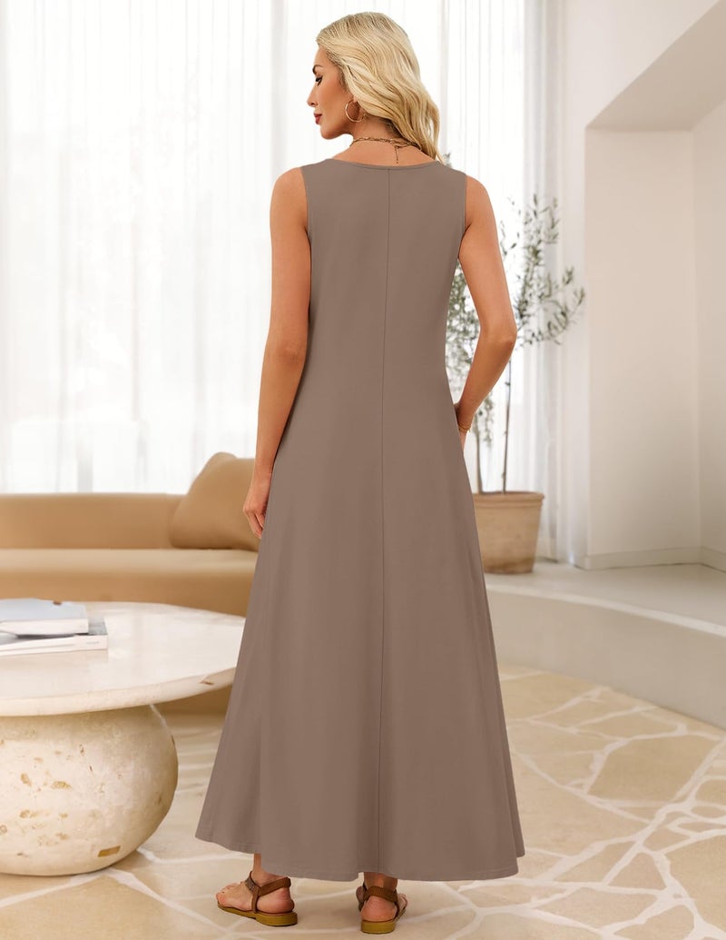 MEROKEETY Women's 2026 Summer Maxi Dress Sleeveless Crewneck Casual Loose Beach Vacation Basic Long Sundress,Mocha,Medium - Image 5