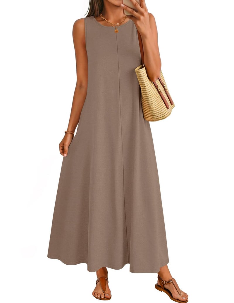 MEROKEETY Women's 2026 Summer Maxi Dress Sleeveless Crewneck Casual Loose Beach Vacation Basic Long Sundress,Mocha,Medium - Image 1