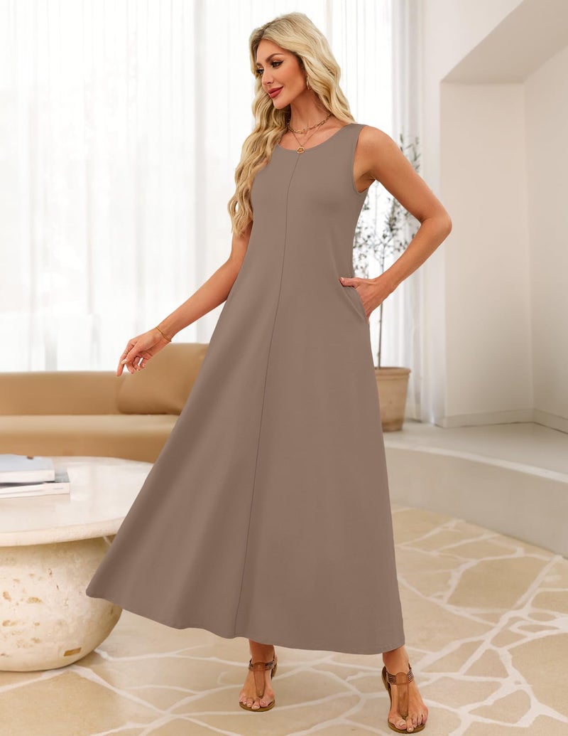 MEROKEETY Women's 2026 Summer Maxi Dress Sleeveless Crewneck Casual Loose Beach Vacation Basic Long Sundress,Mocha,Medium - Image 4