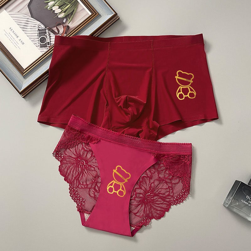 Couple'S Underwear One Man And One Woman Summer Seamless Ice Silk Red Wedding Couple'S Lace Couple'S Underwear - Image 3