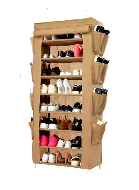 Shoe Rack W/Fabric Cover,8 Shelves & 8 Pockets On Each Side 61x30x144cm Beige Color