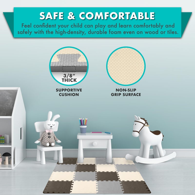 ProSource Foam Puzzle Floor Play Mat for Kids and Babies with Solid Colors, 36 or 16 Interlocking Tiles with Borders, Brown/Beige/Grey - Image 4