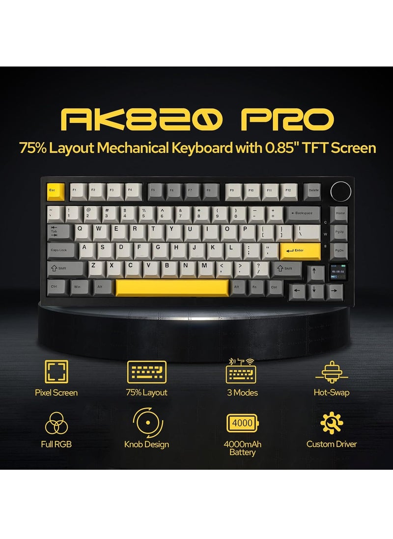 AK820 Pro Gaming Keyboard,75% Gasket-mounted Mechanical Gaming Keyboard with TFT Screen Smart Display, RGB Light,3 Modes(Bluetooth 5.1/2.4G Wireless & Type-C Wired), Sound Dampening Foams (BlackGrey, flying fish switch)
