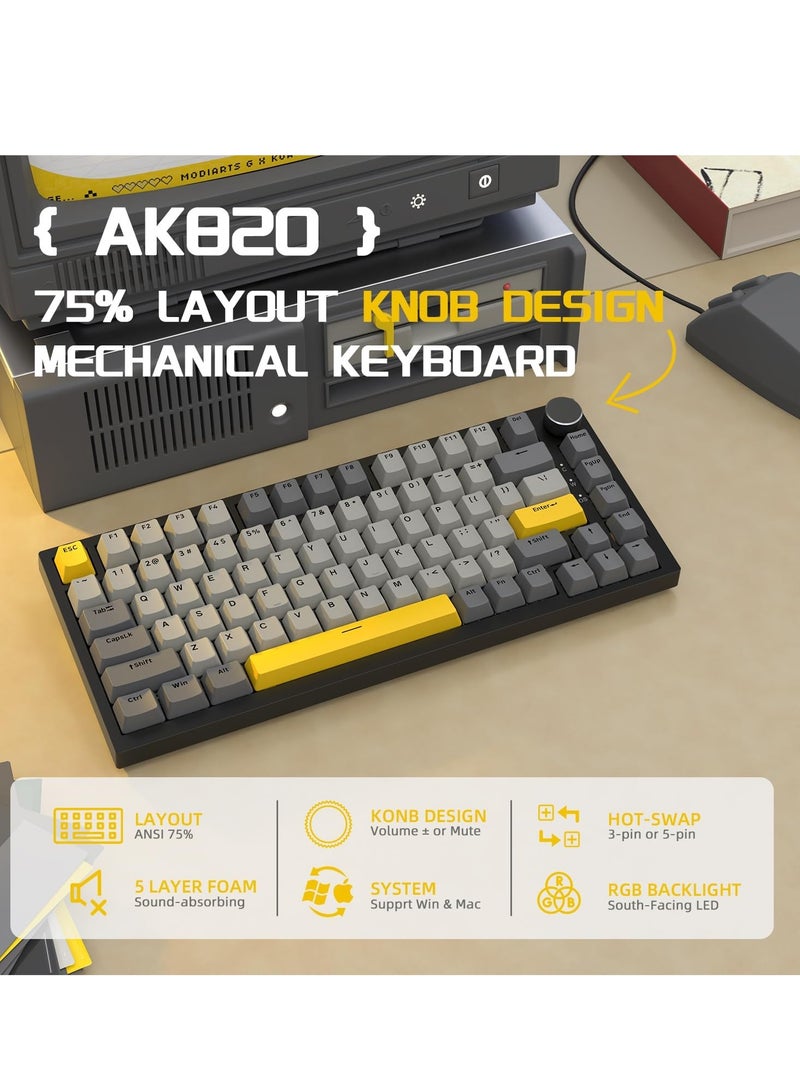 A-jazz AK820 Gaming Keyboard,75% Gasket-mounted Mechanical Gaming Keyboard with TFT Screen Smart Display, RGB Light,3 Modes(Bluetooth 5.1/2.4G Wireless & Type-C Wired), Sound Dampening Foams (Grey/White/Yellow, Moon Yellow switch) - Image 2