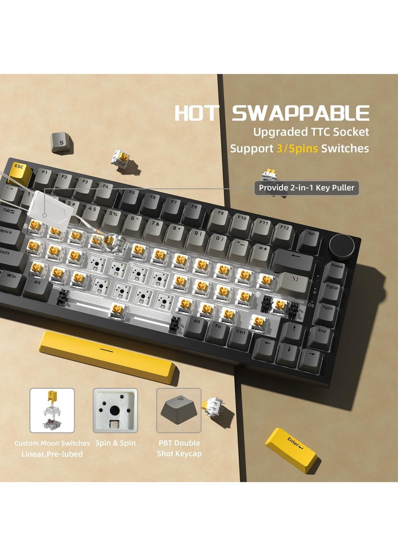 A-jazz AK820 Gaming Keyboard,75% Gasket-mounted Mechanical Gaming Keyboard with TFT Screen Smart Display, RGB Light,3 Modes(Bluetooth 5.1/2.4G Wireless & Type-C Wired), Sound Dampening Foams (Grey/White/Yellow, Moon Yellow switch) - Image 4