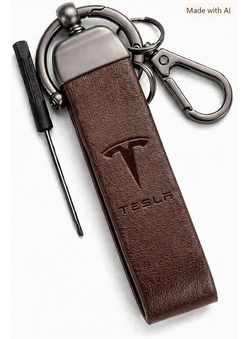 Car keychain with padded strap and gold-tone key ring (brown) Tesla