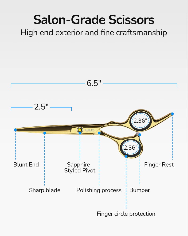 ULG Hair Cutting Scissors, ULG Hair Shears 6.5 inch Hairdressing Hair Scissor, Salon Razor Edge Hair Cutting Shears, Japanese Stainless Steel Haircut Scissors with Detachable Finger Gold - Image 2