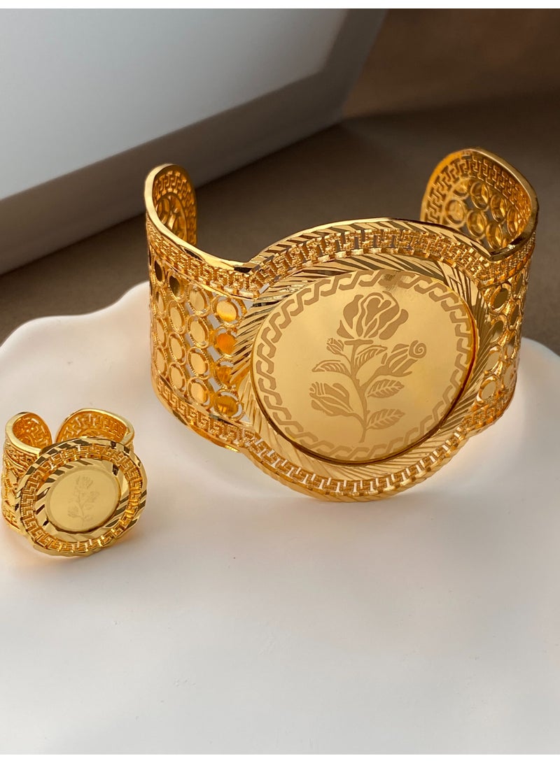 22K Fashion Eco-Friendly Gold-Plated Bracelet Ring Set Unisex Saudi Arabia National Day Big Offer - Image 3
