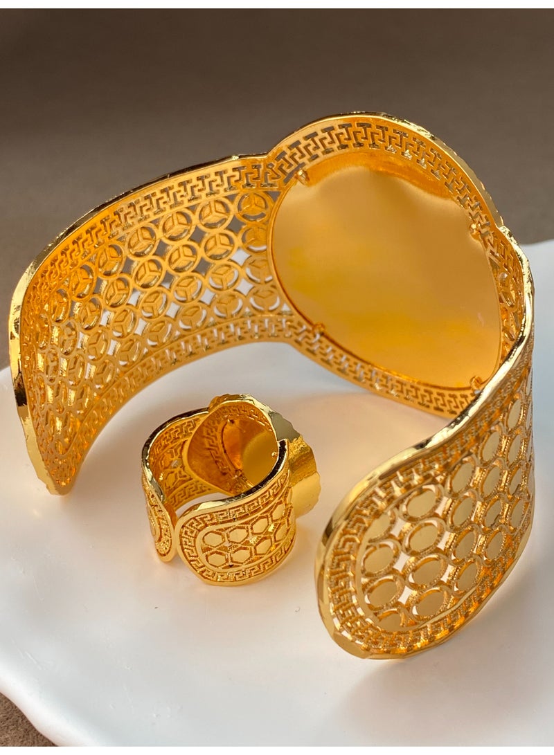 22K Fashion Eco-Friendly Gold-Plated Bracelet Ring Set Unisex Saudi Arabia National Day Big Offer - Image 5
