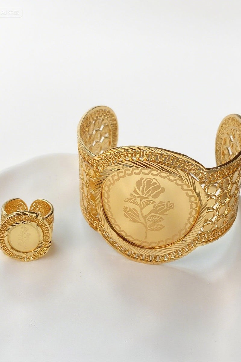 22K Fashion Eco-Friendly Gold-Plated Bracelet Ring Set Unisex Saudi Arabia National Day Big Offer - Image 1