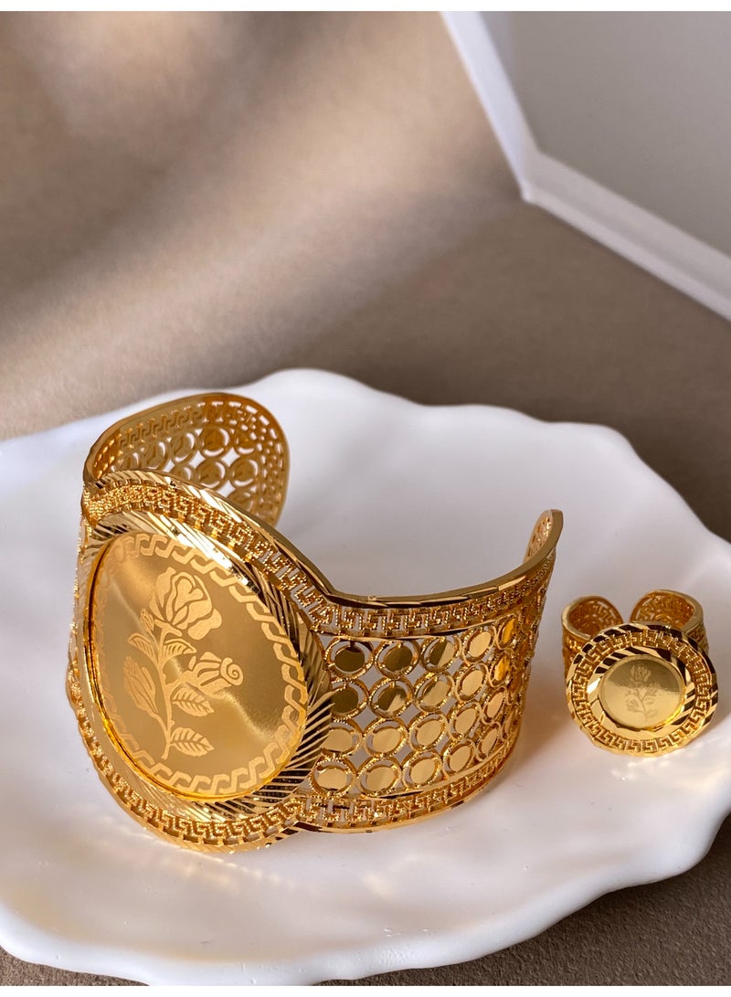 22K Fashion Eco-Friendly Gold-Plated Bracelet Ring Set Unisex Saudi Arabia National Day Big Offer - Image 4