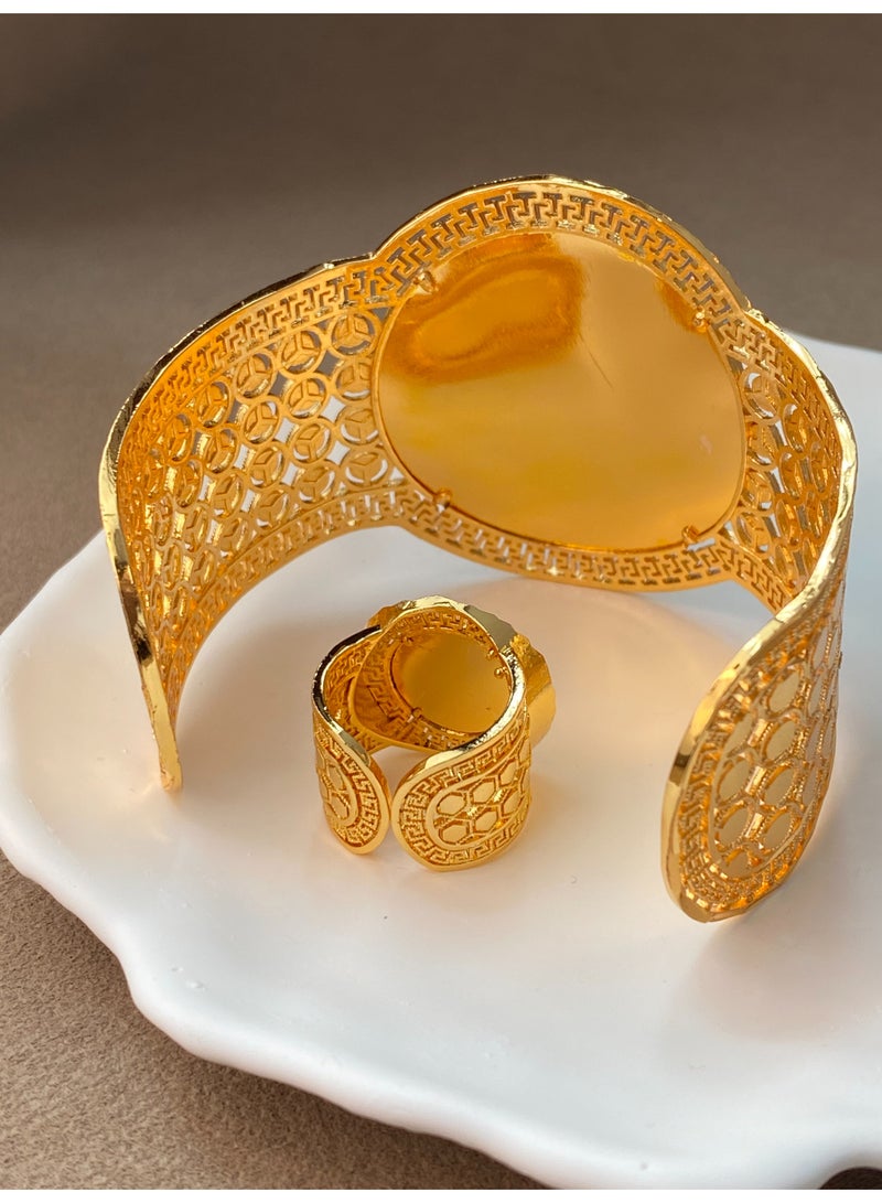 22K Fashion Eco-Friendly Gold-Plated Bracelet Ring Set Unisex Saudi Arabia National Day Big Offer - Image 2