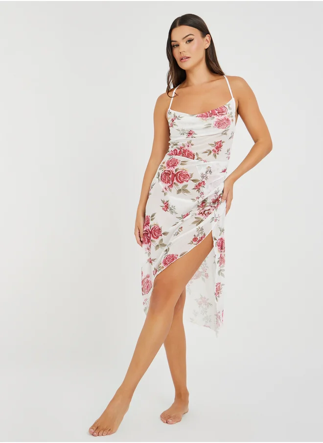 Styli Styli All-Over Floral Print Cowl Neck Slip Dress with High Slit