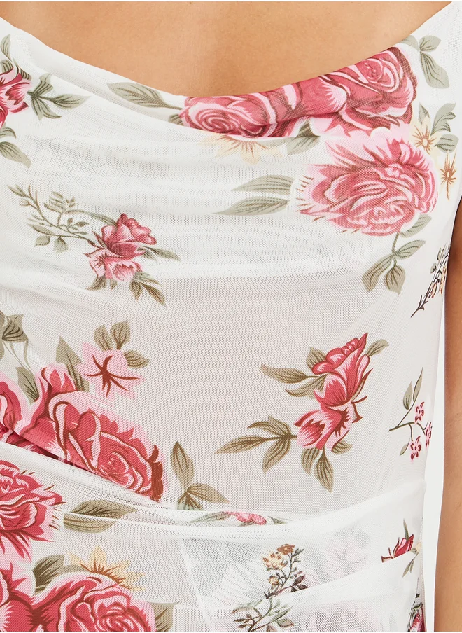 Styli Styli All-Over Floral Print Cowl Neck Slip Dress with High Slit