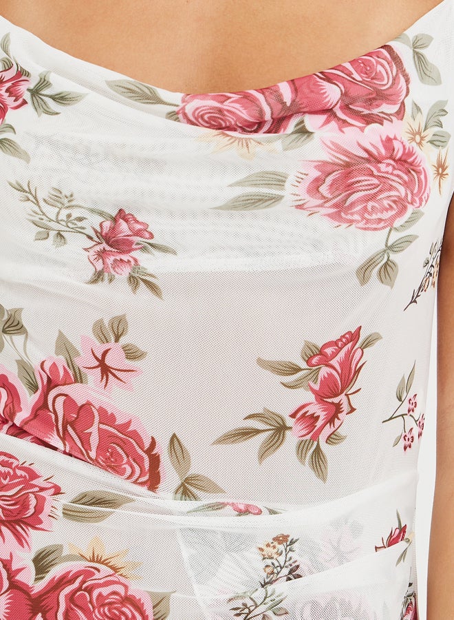 Styli All-Over Floral Print Cowl Neck Slip Dress with High Slit - Image 2