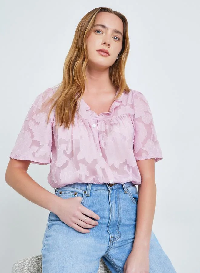 Take Two Purple Burnout V Neck Button Front Top