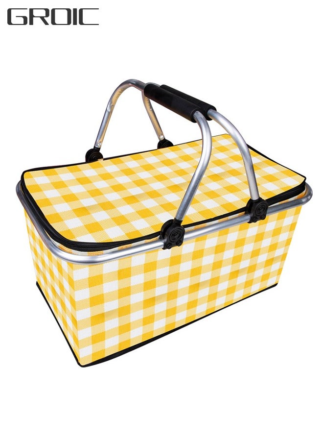 GROIC 30L Large Picnic Basket Shopping Travel Camping Grocery Bags, Insulated Picnic Bag, Leak-Proof Collapsible Cooler Bag, Grocery Basket with Lid and 2 Sturdy Handles, Camping Supplies  - Image 1