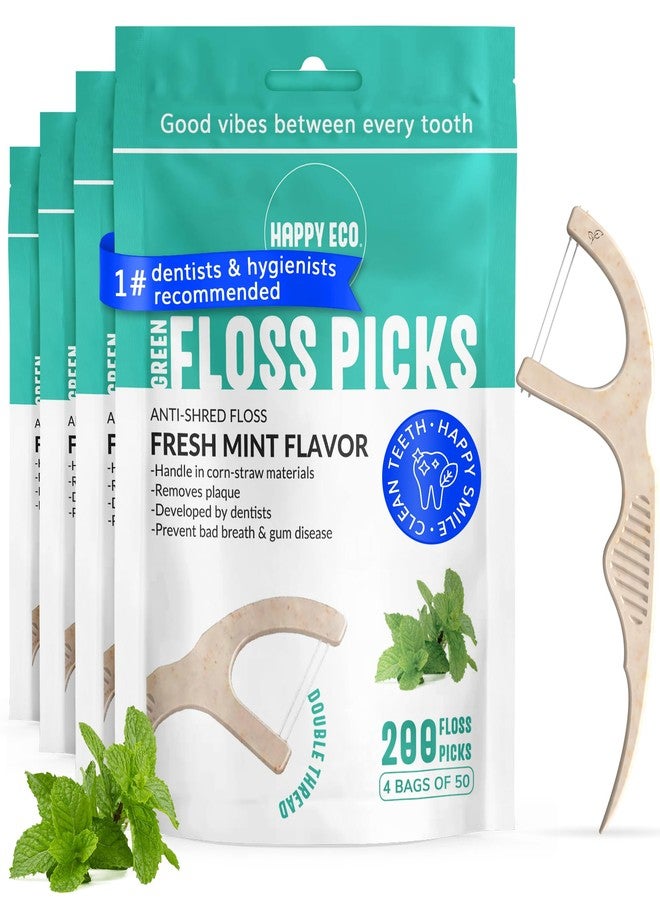 HAPPY ECO Dental Floss Picks (200pcs) - Flossers for Adults, Vegan Corn-Straw Handle, Superior Oral Care & Anti-Shred Thread, Dental Hygiene, Tooth Pick Sticks, Teeth & Gum Health (Mint, Double Thread) - Image 1