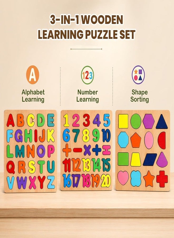 GITGRNTH 3 in 1 Wooden Puzzles for Toddlers | Educational Board Game ABCD Alphabets, Numbers & Shapes Puzzles -Puzzle Toys for 2 Years Old Boys & Girls, Preschoolers - Educational Toys - Image 3