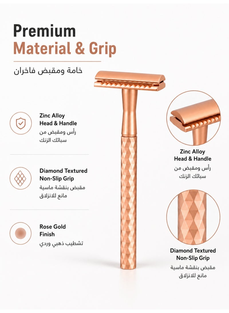 Double Blade Safety Razor with Zinc Alloy Handle, Exclusive diamond patterned handle design, Includes 10 Extra Blades -016 Rose Gold016 - Image 2