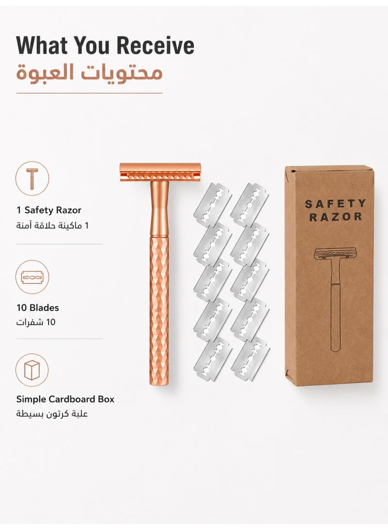 Double Blade Safety Razor with Zinc Alloy Handle, Exclusive diamond patterned handle design, Includes 10 Extra Blades -016 Rose Gold016 - Image 4