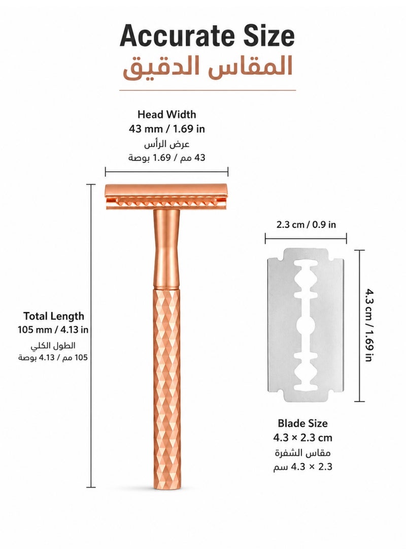 Double Blade Safety Razor with Zinc Alloy Handle, Exclusive diamond patterned handle design, Includes 10 Extra Blades -016 Rose Gold016 - Image 3