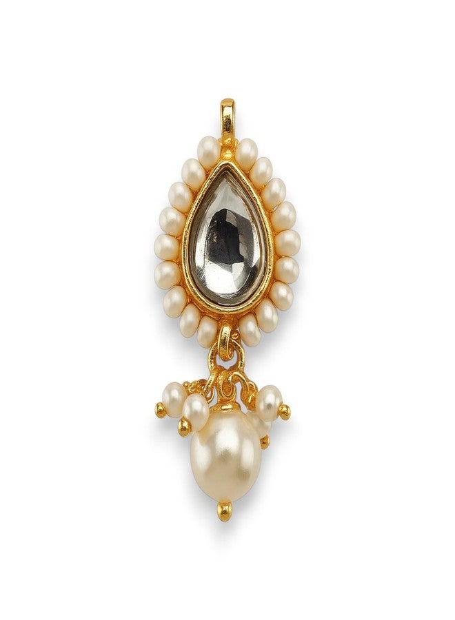 ACCESSHER American Diamond Shaped Nosepin with Beaded Pearl Outline, Gold Tone, Traditional Indian Faux Pearl Detailing, Non-Pierced Nose Accessory (Pear-Shaped) - Image 1