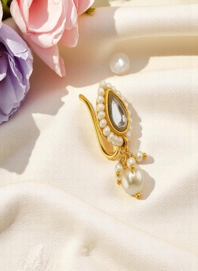 ACCESSHER American Diamond Shaped Nosepin with Beaded Pearl Outline, Gold Tone, Traditional Indian Faux Pearl Detailing, Non-Pierced Nose Accessory (Pear-Shaped) - Image 4