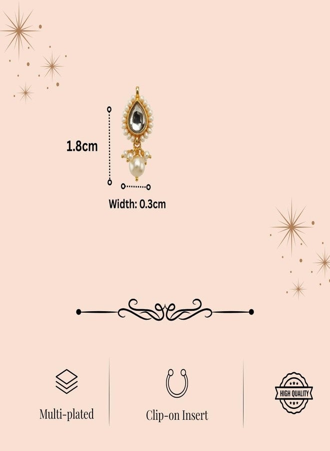ACCESSHER American Diamond Shaped Nosepin with Beaded Pearl Outline, Gold Tone, Traditional Indian Faux Pearl Detailing, Non-Pierced Nose Accessory (Pear-Shaped) - Image 5