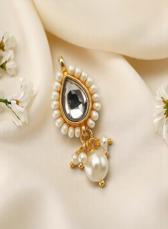 ACCESSHER American Diamond Shaped Nosepin with Beaded Pearl Outline, Gold Tone, Traditional Indian Faux Pearl Detailing, Non-Pierced Nose Accessory (Pear-Shaped) - Image 3