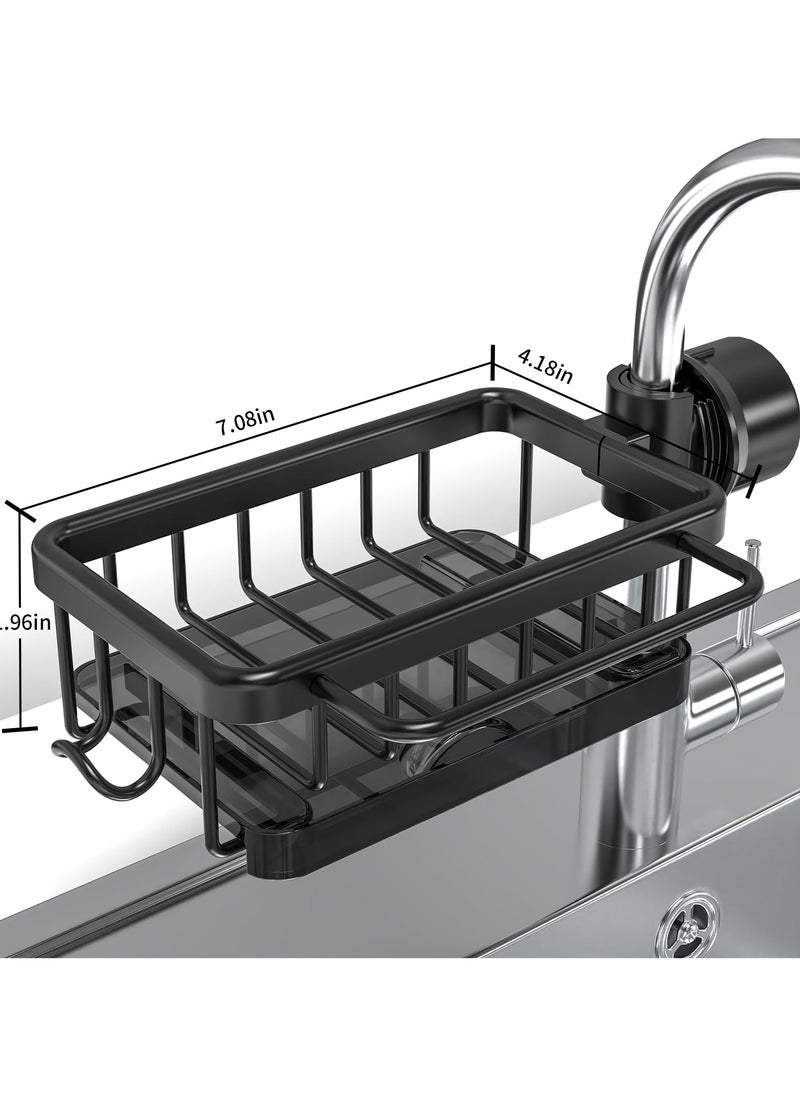 SYOSI - SYOSI Sponge Holder for Kitchen Faucet, Aluminum Alloy Adjustable Faucet Rack, Kitchen Faucet Caddy Organizer for Holding Sponge/Dish Soap/Rag, Detachable Faucet Rack with Drain Tray (Black) - Image 1