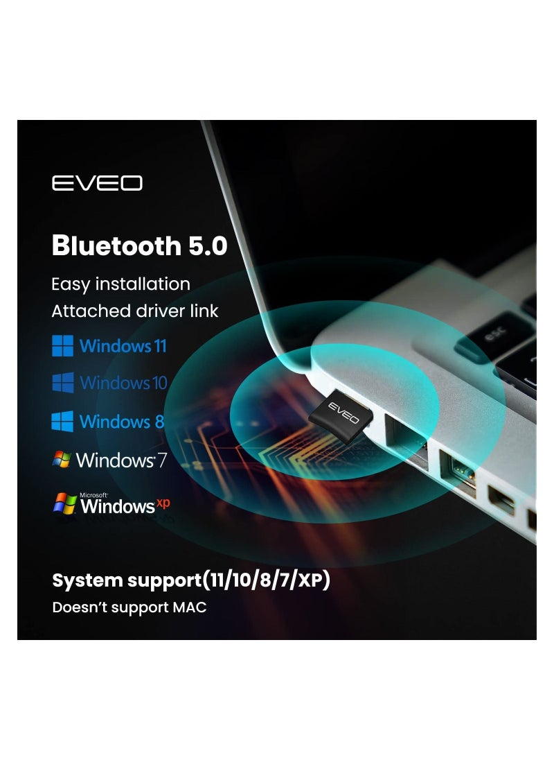 EVEO - EVEO Bluetooth Adapter for PC- Bluetooth USB Dongle 5.0 for Windows 11/10/8/7/XP USB Bluetooth adapter for Laptop, Desktop, Keyboard, Mouse, Speaker, Headset, - 5.0 - Bluetooth USB adapter PC Receiver - Image 1
