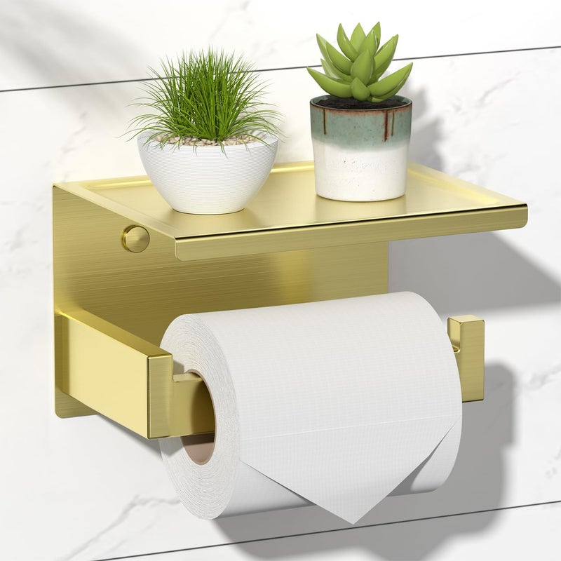 HITSLAM Gold Toilet Paper Holder Stick on Brushed Brass Toilet Paper Holder with Shelf Self Adhesive No Drill or WallMount with Screws for Bathroom