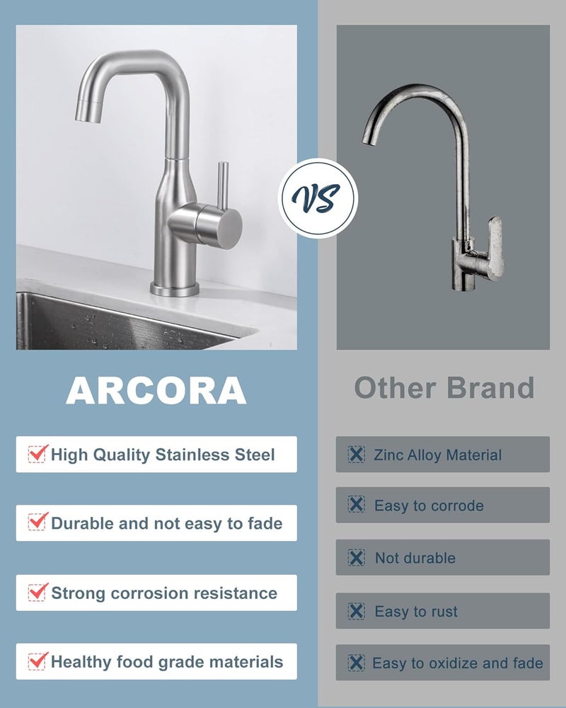 Arcora Bar Sink Faucet Single Hole: Brushed Nickel Wet Bar Faucets - Prep Sink Faucet 360 Swivel - Small Kitchen Bathroom Faucet with cUPC Supply Lines - Image 5