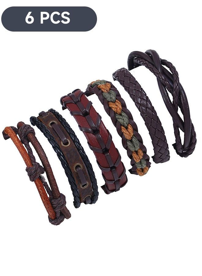 Ant 6 PCS Multi Style Leather Retro Fashion Bracelet Set for Men Women, Braided Leather Bracelet, Elastic Adjustable Charm Wristband Braided Cords Bangle - Image 2