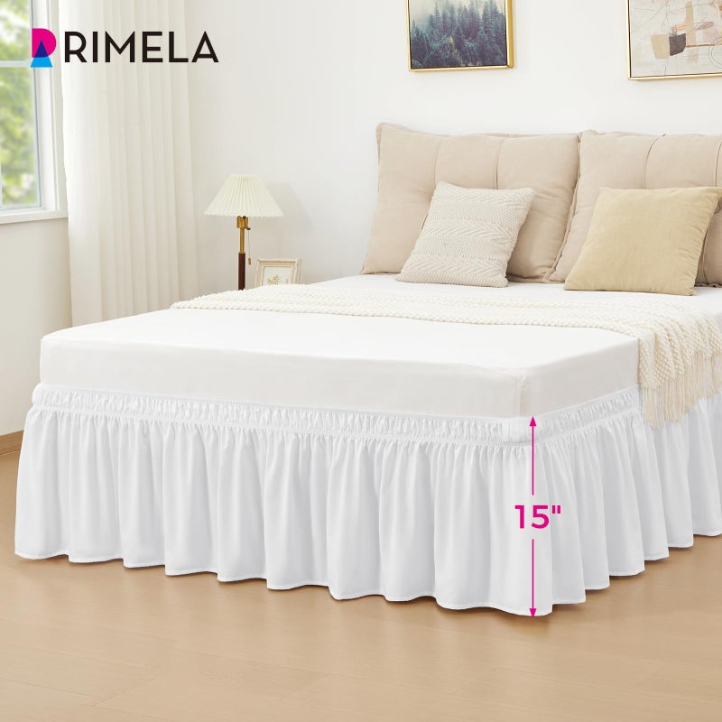 RIMELA تنورة سرير ريميلا بحجم كوين بيضاء ساطعة بارتفاع 15 بوصة، تنورة سرير مرنة محيطة، كشكش للغبار لقاعدة سرير قابلة للتعديل، قماش ناعم وقوي قابل للغسل في الغسالة وسهل التركيب - Image 4