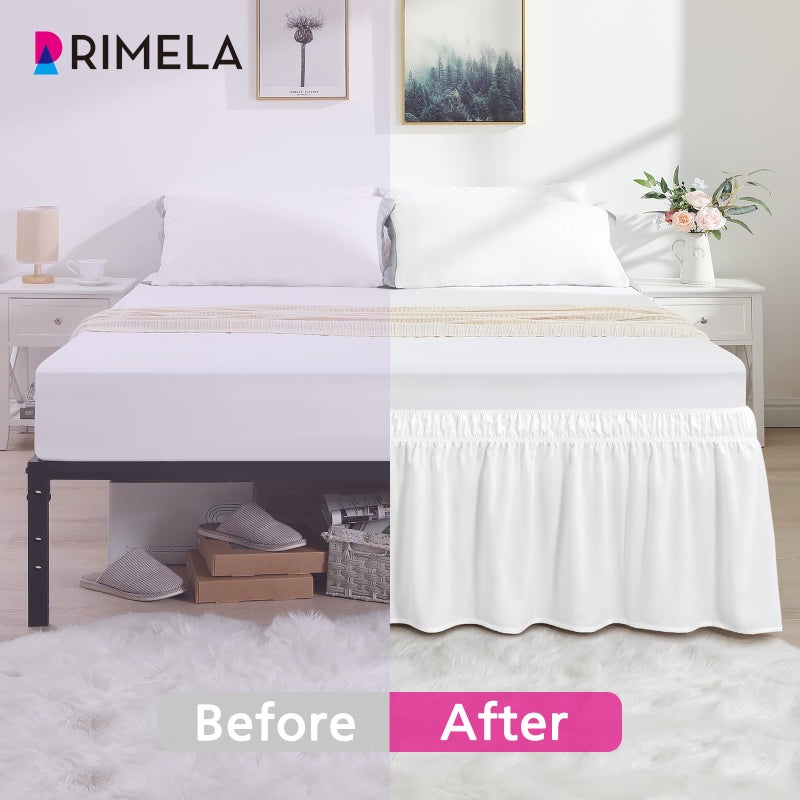RIMELA تنورة سرير ريميلا بحجم كوين بيضاء ساطعة بارتفاع 15 بوصة، تنورة سرير مرنة محيطة، كشكش للغبار لقاعدة سرير قابلة للتعديل، قماش ناعم وقوي قابل للغسل في الغسالة وسهل التركيب - Image 3