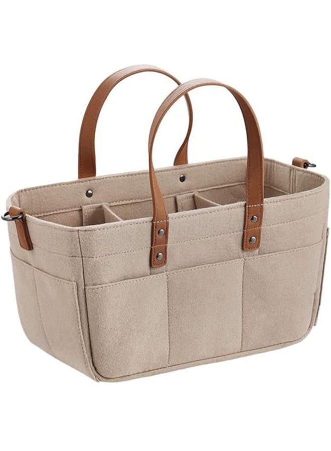 MiniMe Portable Diaper Caddy Organizer Tote | 0–36 Months | Beige & Brown | Canvas & PU Leather | Multiple Compartments & Stroller Clips & Lightweight & Durable & Compact Design for Travel