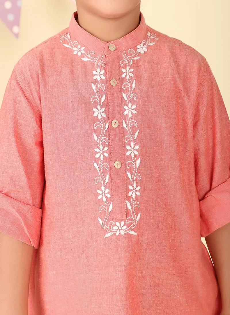 Fabindia Pink Cotton Chikankari Long Kurta