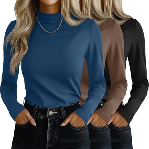 Ficerd 3 Pack Womens Mock Turtleneck Shirts Long Sleeve Mock Neck Pullover Tops Slim Fitted Stretch Undershirt Tee BlouseBlack Mocha IndigoLarge - Image 1