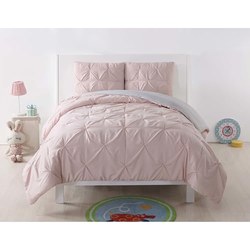 My World Pleated Solid Duvet Sets Blush and Silver Grey Polyester 3-Piece Full/Queen Duvet Set, Solid Color Themed, for Kids, OEKO-TEX Certified - Image 1