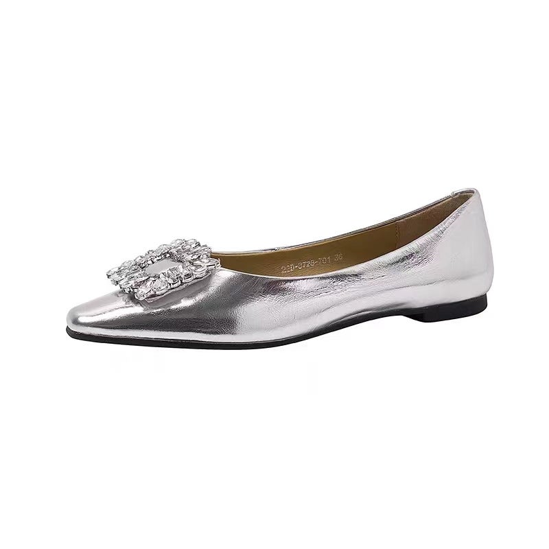 Summer Fashion Square-Toe Flat Rhinestone Loafers for Women Silver 