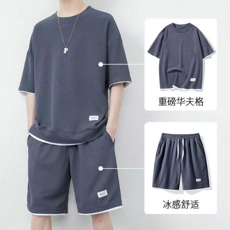 Cross-border 2023 New Casual suit Mens Summer Youth plus size Mens Sports Loose Short Sleeve Short Trend Advanced Grey suit