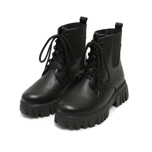 Shoetopia Women’s Black Chunky Combat Boots | Lace-Up Ankle Boots with Thick Lug Sole | Durable Faux Leather Fashion Boots for Casual & Outdoor Footwear EU39 - Image 1