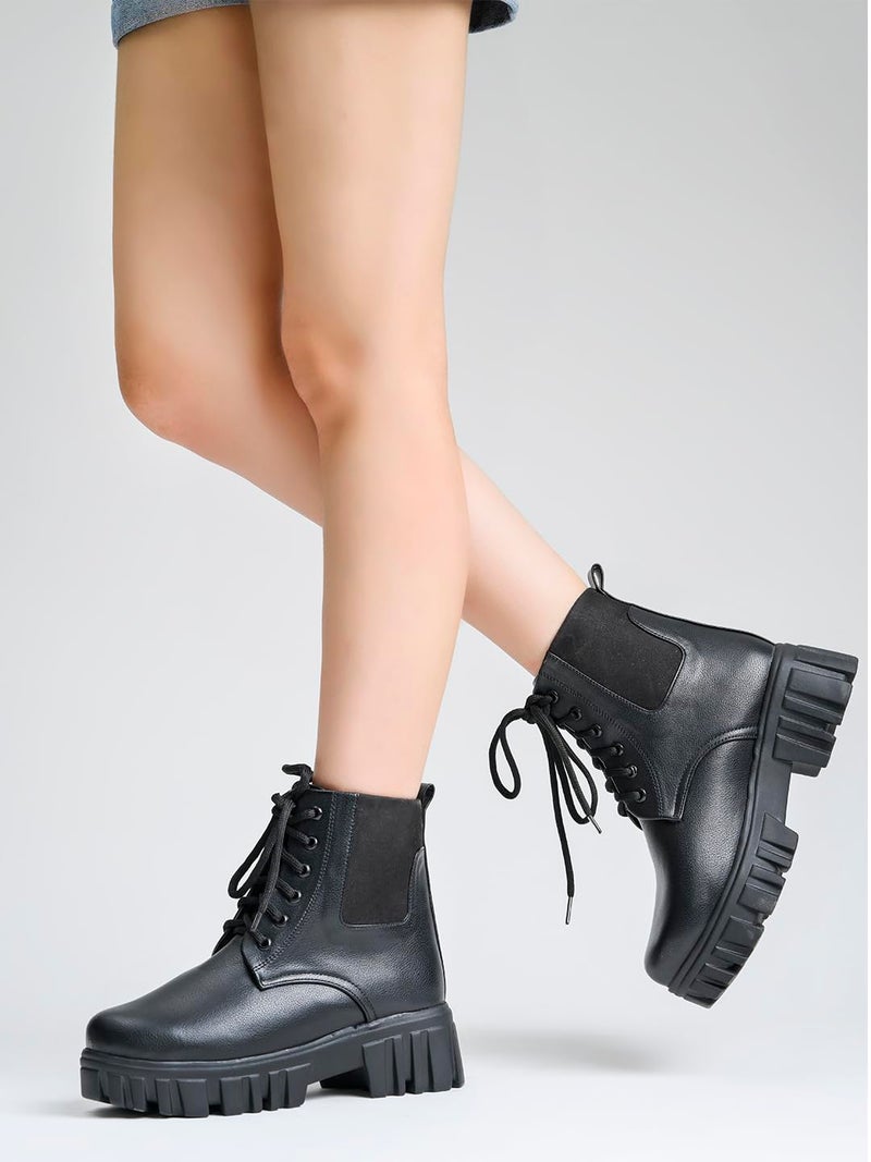Shoetopia Women’s Black Chunky Combat Boots | Lace-Up Ankle Boots with Thick Lug Sole | Durable Faux Leather Fashion Boots for Casual & Outdoor Footwear EU39 - Image 3