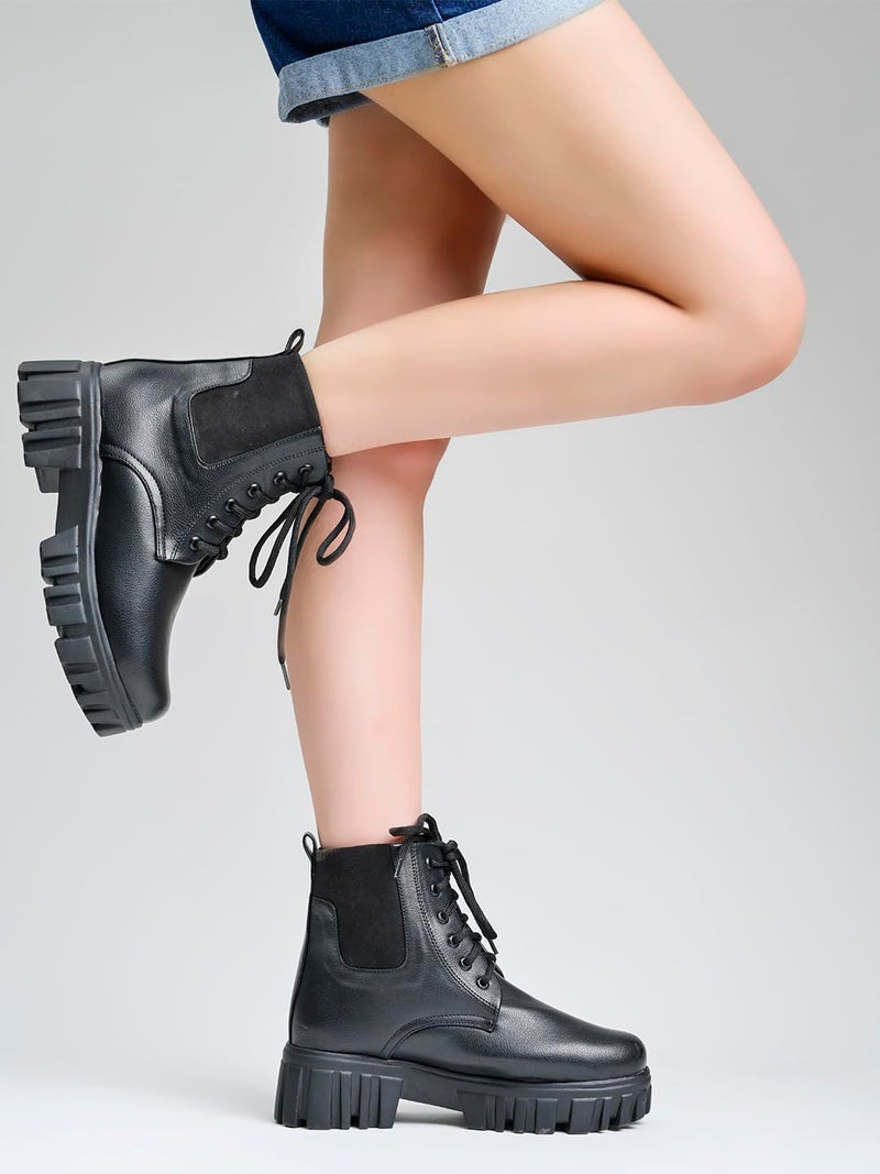 Shoetopia Women’s Black Chunky Combat Boots | Lace-Up Ankle Boots with Thick Lug Sole | Durable Faux Leather Fashion Boots for Casual & Outdoor Footwear EU39 - Image 4