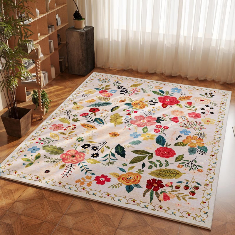 Rugcomf Area Rug 4x6 Rug Washable Boho Rugs Non Slip Low Pile Floral Small Carpet for Bedroom, Bedside, Kids Room, Office, Dining Room(Beige) - Image 2
