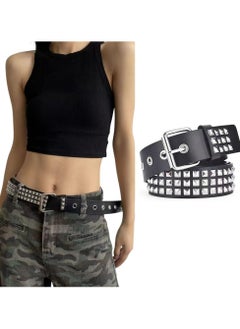 Punk Rivet Studded Belt for Women,Fashion PU Leather Rivet Waist Belt with Metal Buckle,3 Row Metal Punk Rock Belt with Adjustable Grommet Unisex Bright Studded Check Belt for Jeans Dress