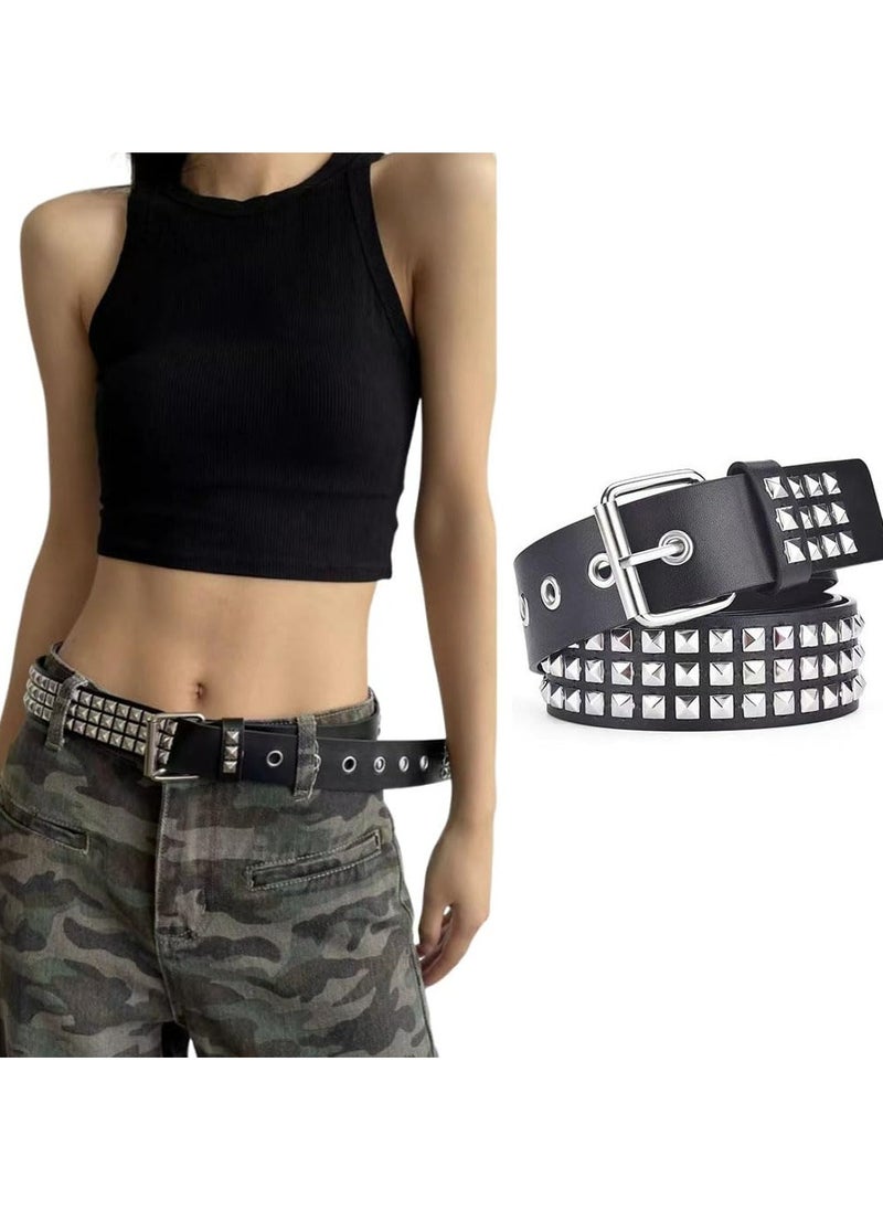 CMGTYYD - Punk Rivet Studded Belt for Women,Fashion PU Leather Rivet Waist Belt with Metal Buckle,3 Row Metal Punk Rock Belt with Adjustable Grommet Unisex Bright Studded Check Belt for Jeans Dress - Image 1